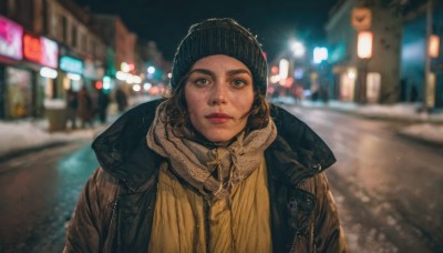 1girl,solo,looking at viewer,brown hair,hat,brown eyes,closed mouth,jacket,upper body,outdoors,open clothes,hood,scarf,blurry,sweater,lips,coat,black headwear,night,depth of field,blurry background,freckles,brown jacket,realistic,nose,beanie,road,leather,street,leather jacket,short hair,blue eyes,mole,black jacket,thick eyebrows,building,city