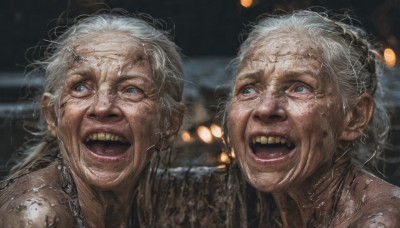 1girl,long hair,smile,open mouth,blue eyes,multiple girls,1boy,2girls,jewelry,white hair,grey hair,earrings,teeth,necklace,blurry,depth of field,blurry background,chain,parody,messy hair,portrait,realistic,old,dirty,old woman,wrinkled skin,:d,hair bun,makeup,single hair bun,lipstick,veins,laughing,old man