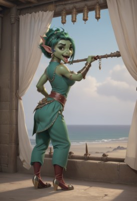 1girl,solo,breasts,looking at viewer,smile,short hair,open mouth,red eyes,holding,brown eyes,jewelry,medium breasts,standing,full body,weapon,ass,earrings,boots,outdoors,green hair,sky,teeth,sleeveless,day,tongue,pointy ears,belt,looking back,pants,cloud,hand up,tongue out,water,from behind,holding weapon,high heels,bracelet,blue sky,hand on hip,colored skin,ocean,fangs,beach,brown footwear,piercing,monster girl,ear piercing,armlet,high heel boots,folded ponytail,nose,bracer,watercraft,green skin,ship,boat,tongue piercing,goblin,gloves,dress,small breasts,lips,sideboob,sleeveless dress,watermark,thick eyebrows,curtains,web address,green dress,hoop earrings,horizon,long pointy ears,fewer digits,nose piercing,shortstack,multiple piercings