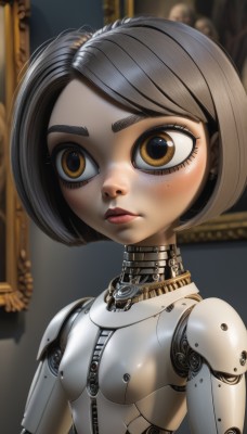 1girl,solo,breasts,looking at viewer,short hair,bangs,brown hair,black hair,brown eyes,jewelry,closed mouth,yellow eyes,upper body,grey hair,earrings,small breasts,necklace,blurry,lips,bodysuit,makeup,blurry background,bob cut,zipper,freckles,science fiction,android,joints,cyborg,robot joints,steampunk,blush,eyelashes,swept bangs,expressionless,robot,portrait,nose,mechanical parts