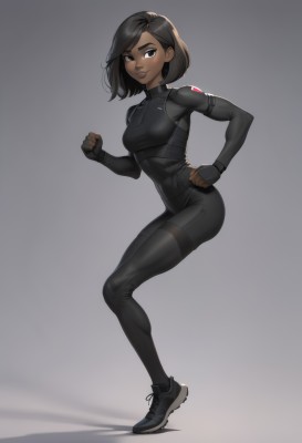 1girl,solo,breasts,looking at viewer,smile,short hair,simple background,black hair,gloves,brown eyes,medium breasts,standing,full body,small breasts,shoes,black gloves,dark skin,fingerless gloves,medium hair,grey background,dark-skinned female,lips,gradient,hand on hip,gradient background,bodysuit,swept bangs,sneakers,clenched hand,black bodysuit,blush,black eyes,clenched hands,running,very dark skin,grey bodysuit