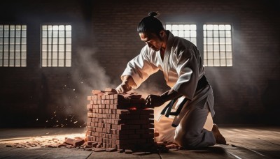 solo,short hair,black hair,1boy,male focus,japanese clothes,barefoot,belt,indoors,kimono,window,kneeling,facial hair,smoke,brick wall,topknot,dougi,embers,dust,fireplace,martial arts belt,long sleeves,closed mouth,full body,weapon,pants,hair bun,sash,scar,looking down,single hair bun,fighting stance,wall,grey pants,sliding doors