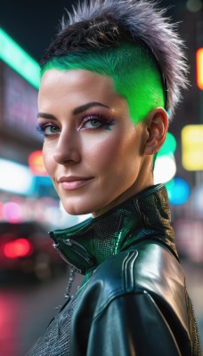 1girl,solo,looking at viewer,smile,short hair,jewelry,green eyes,jacket,upper body,multicolored hair,earrings,green hair,blurry,from side,two-tone hair,lips,eyelashes,makeup,blurry background,piercing,eyeshadow,freckles,realistic,nose,stud earrings,eyeliner,very short hair,leather,undercut,leather jacket,mohawk,cyberpunk,black hair,artist name,dark skin,dark-skinned female,black jacket,facial mark,portrait,web address,zipper,high collar