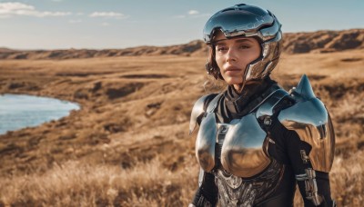 1girl,solo,looking at viewer,short hair,brown hair,black hair,brown eyes,upper body,outdoors,sky,day,cloud,dark skin,armor,blurry,dark-skinned female,blue sky,lips,bodysuit,helmet,shoulder armor,science fiction,pauldrons,breastplate,realistic,power armor,desert,spacesuit