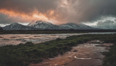 outdoors,sky,cloud,water,tree,no humans,cloudy sky,grass,nature,scenery,forest,reflection,sunset,mountain,road,river,landscape,mountainous horizon,lake,fog