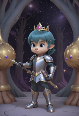 solo,smile,short hair,blue eyes,1boy,holding,blue hair,standing,full body,weapon,male focus,boots,outdoors,sky,pointy ears,sword,holding weapon,armor,tree,night,crown,shoulder armor,gauntlets,star (sky),starry sky,breastplate,armored boots,greaves,yordle,1girl,gem,sheath,night sky