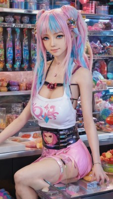 1girl,solo,long hair,breasts,looking at viewer,smile,bangs,blue eyes,skirt,large breasts,shirt,hair ornament,cleavage,bare shoulders,twintails,jewelry,medium breasts,sitting,closed mouth,underwear,blue hair,white shirt,pink hair,heart,sidelocks,multicolored hair,food,shorts,sleeveless,belt,indoors,necklace,nail polish,bra,bracelet,two-tone hair,lips,streaked hair,torn clothes,short shorts,thigh strap,fruit,feet out of frame,tank top,black bra,pink skirt,pink lips,realistic,shelf,pink shorts,counter,high-waist shorts,thighhighs,earrings,artist name,white thighhighs,tattoo,makeup,watermark,piercing,ear piercing,candy,pendant,heart necklace,shop,cyberpunk