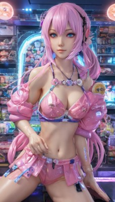 1girl,solo,long hair,breasts,looking at viewer,bangs,blue eyes,hair ornament,navel,cleavage,hair between eyes,bare shoulders,twintails,jewelry,medium breasts,very long hair,underwear,collarbone,swimsuit,pink hair,bikini,cowboy shot,hairband,parted lips,detached sleeves,shorts,midriff,belt,indoors,necklace,stomach,nail polish,bra,lips,hand on hip,short shorts,headphones,ring,bikini top only,realistic,pink bra,navel piercing,badge,pink shorts,button badge,smile,large breasts,shop