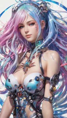 1girl,solo,long hair,breasts,looking at viewer,smile,bangs,blue eyes,large breasts,hair ornament,cleavage,bare shoulders,jewelry,medium breasts,blue hair,upper body,pink hair,multicolored hair,parted lips,two-tone hair,lips,gradient hair,swept bangs,headgear,armlet,science fiction,realistic,nose,android,purple hair,necklace,mole,eyelashes,facial mark