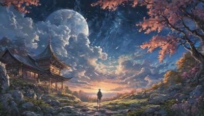 1girl,solo,long hair,skirt,black hair,long sleeves,standing,flower,outdoors,sky,cloud,bag,from behind,tree,night,leaf,moon,cloudy sky,grass,cherry blossoms,building,star (sky),nature,night sky,scenery,full moon,starry sky,walking,sunset,rock,mountain,facing away,architecture,house,wide shot,east asian architecture,path,pagoda,1boy,male focus,signature,hood,bird,stone,stone lantern