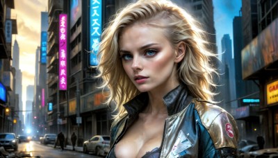 HQ,1girl,solo,long hair,breasts,looking at viewer,blue eyes,blonde hair,large breasts,cleavage,medium breasts,underwear,collarbone,jacket,upper body,outdoors,parted lips,open clothes,sky,solo focus,cloud,bra,lips,eyelashes,makeup,ground vehicle,building,messy hair,motor vehicle,forehead,eyeshadow,freckles,city,realistic,nose,car,road,cityscape,police,dirty,skyscraper,blush,short hair,day,open jacket,lipstick,wind,pink lips,unzipped,red lips,eyeliner,blue bra,mascara,cyberpunk,denim jacket