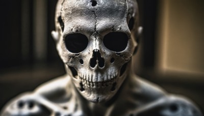 solo,looking at viewer,1boy,monochrome,male focus,blurry,mask,depth of field,blurry background,portrait,skull,skeleton,horror (theme),upper body,teeth,no humans,blood,dark