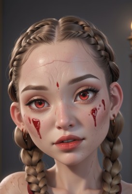 1girl,solo,long hair,looking at viewer,brown hair,red eyes,jewelry,collarbone,braid,earrings,parted lips,teeth,twin braids,lips,eyelashes,blood,portrait,forehead,freckles,veins,injury,blood on face,realistic,red lips,simple background,bare shoulders,artist name,blurry,makeup,facial mark,thick eyebrows,hair over shoulder,close-up,nose,candle,mascara