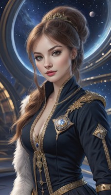 1girl,solo,long hair,breasts,looking at viewer,brown hair,long sleeves,dress,cleavage,brown eyes,jewelry,medium breasts,closed mouth,upper body,earrings,hair bun,lips,fur trim,makeup,single hair bun,lipstick,gem,star (sky),realistic,nose,red lips,space,planet,bangs,braid,artist name,freckles