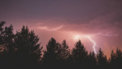 outdoors,sky,cloud,tree,no humans,cloudy sky,nature,scenery,forest,sunset,electricity,lightning,red sky