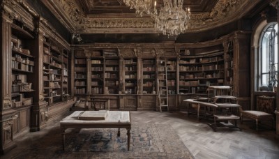 day,indoors,pillow,book,no humans,window,bed,chair,table,sunlight,scenery,couch,wooden floor,stairs,door,bookshelf,lamp,candle,architecture,shelf,library,ceiling,carpet,candlestand,rug,chandelier,fireplace,reflective floor