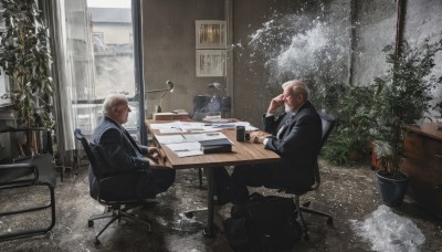 short hair,blonde hair,brown hair,shirt,long sleeves,sitting,jacket,male focus,multiple boys,necktie,glasses,pants,indoors,2boys,black jacket,book,window,facial hair,chair,black pants,formal,table,suit,plant,scenery,snow,desk,rain,paper,pen,potted plant,lamp,computer,bald,old,old man,office chair,office,1boy,holding,cup,phone,desk lamp