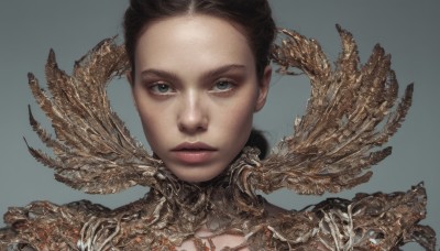 1girl,solo,looking at viewer,short hair,simple background,brown hair,black hair,closed mouth,grey background,lips,grey eyes,makeup,feathers,portrait,forehead,realistic,straight-on,blue eyes,parted lips,eyelashes,expressionless