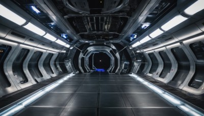 indoors,no humans,reflection,science fiction,realistic,spacecraft,cockpit,robot,scenery,machinery,tiles,cable,space,planet