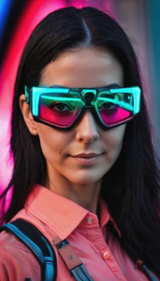 1girl,solo,long hair,looking at viewer,smile,shirt,black hair,jewelry,upper body,earrings,parted lips,glasses,collared shirt,black eyes,lips,makeup,buttons,sunglasses,suspenders,goggles,portrait,pink shirt,realistic,nose,stud earrings,tinted eyewear,closed mouth,pink background,forehead