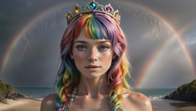 1girl,solo,long hair,looking at viewer,bangs,blue eyes,blonde hair,bare shoulders,jewelry,blue hair,collarbone,upper body,pink hair,purple hair,braid,multicolored hair,outdoors,parted lips,sky,day,artist name,cloud,water,necklace,blurry,twin braids,two-tone hair,lips,gradient hair,ocean,watermark,beach,sunlight,tiara,crown,gem,portrait,web address,freckles,rock,realistic,nose,sand,rainbow,rainbow hair,red hair,green hair,eyelashes,lens flare