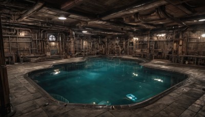 indoors,water,book,no humans,window,chair,table,scenery,stairs,door,lamp,architecture,ceiling light,science fiction,wooden floor,light,cable,watercraft,industrial pipe