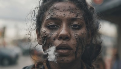 1girl,solo,long hair,looking at viewer,black hair,1boy,closed mouth,braid,male focus,solo focus,dark skin,blurry,black eyes,dark-skinned female,depth of field,blurry background,dark-skinned male,messy hair,portrait,dirty,dirty face,parted lips,lips,smoke,realistic