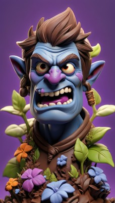 solo,looking at viewer,short hair,open mouth,brown hair,1boy,brown eyes,braid,flower,male focus,teeth,pointy ears,twin braids,colored skin,leaf,fangs,thick eyebrows,plant,portrait,purple background,blue flower,blue skin,purple flower,simple background,upper body,horns,colored sclera,yellow sclera