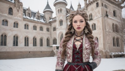 1girl,solo,long hair,breasts,looking at viewer,brown hair,gloves,long sleeves,dress,brown eyes,jewelry,closed mouth,upper body,braid,earrings,outdoors,day,tree,lips,makeup,drill hair,red dress,lipstick,building,scenery,snow,hand in pocket,snowing,red lips,architecture,winter,bare tree,castle,hair ornament,cleavage,medium breasts,flower,curly hair,realistic,hands in pockets