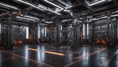 indoors,no humans,window,sunlight,ground vehicle,scenery,science fiction,light rays,door,light,robot,machinery,cable,industrial pipe