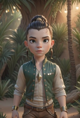 1girl,solo,looking at viewer,short hair,brown hair,shirt,black hair,hair ornament,long sleeves,brown eyes,jewelry,closed mouth,standing,white shirt,cowboy shot,earrings,outdoors,belt,pants,necklace,hair bun,blurry,black eyes,vest,bracelet,tree,lips,fingernails,buttons,single hair bun,plant,child,forehead,sleeves rolled up,freckles,realistic,nose,arms at sides,female child,brown pants,green vest,hair pulled back,open vest,brown vest,jacket,ponytail,artist name,blurry background,facial mark,nature,palm tree,sleeves pushed up