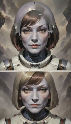 1girl,looking at viewer,short hair,bangs,blue eyes,brown hair,brown eyes,closed mouth,lips,multiple views,colored skin,scar,bob cut,helmet,portrait,science fiction,realistic,nose,grey skin,spacesuit,shiny,armor,grey eyes,swept bangs,headgear,pale skin,serious,2koma,dirty,dirty face,split screen,comparison