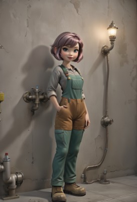 1girl,solo,looking at viewer,smile,short hair,open mouth,bangs,blue eyes,brown hair,shirt,long sleeves,standing,full body,white shirt,pink hair,purple hair,boots,shoes,shorts,teeth,pants,artist name,lips,swept bangs,shadow,brown footwear,grey shirt,sleeves rolled up,hand in pocket,tiles,light,lamp,overalls,light bulb,industrial pipe,breasts,blush,:d,parted lips,collared shirt,indoors,makeup,buttons,suspenders,lipstick,pocket,nose,green shirt,red lips,wall,brown shorts,sleeves pushed up,sleeves past elbows,spotlight