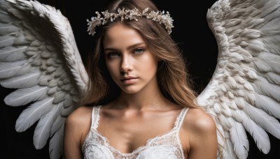 1girl,solo,long hair,breasts,looking at viewer,simple background,brown hair,hair ornament,dress,cleavage,bare shoulders,medium breasts,collarbone,upper body,flower,wings,white dress,lips,grey eyes,black background,feathered wings,angel wings,realistic,white wings,angel,head wreath,brown eyes,feathers