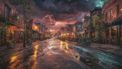 outdoors, sky, cloud, water, tree, dutch angle, no humans, window, night, bird, cloudy sky, ground vehicle, building, scenery, motor vehicle, sunset, city, sign, car, road, house, power lines, lamppost, street, bicycle, puddle