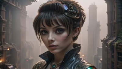 1girl,solo,looking at viewer,short hair,bangs,brown hair,black hair,hair ornament,jewelry,green eyes,earrings,outdoors,parted lips,artist name,necklace,hair bun,mole,lips,grey eyes,eyelashes,mole under eye,makeup,building,gem,portrait,freckles,science fiction,city,realistic,nose,stud earrings,jacket,sky,teeth,blurry,scenery,backlighting