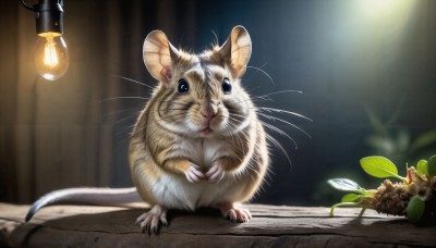 HQ,looking at viewer,blue eyes,closed mouth,standing,full body,indoors,blurry,no humans,depth of field,blurry background,animal,cat,plant,claws,lantern,realistic,lamp,animal focus,mouse,whiskers,solo,food