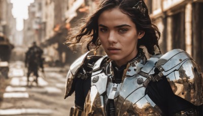 1girl,solo,long hair,looking at viewer,brown hair,black hair,brown eyes,closed mouth,upper body,outdoors,solo focus,artist name,dark skin,medium hair,armor,blurry,dark-skinned female,lips,bodysuit,depth of field,blurry background,shoulder armor,freckles,science fiction,pauldrons,breastplate,realistic,nose,cyborg,power armor,short hair,wind,serious,dirty