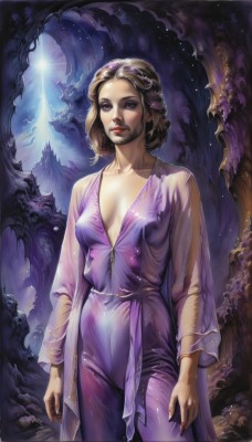 1girl,solo,breasts,looking at viewer,short hair,brown hair,long sleeves,dress,cleavage,brown eyes,jewelry,medium breasts,standing,purple eyes,collarbone,cowboy shot,earrings,parted lips,sky,artist name,signature,mole,bracelet,lips,wet,see-through,no bra,makeup,night,watermark,lipstick,breasts apart,purple dress,eyeshadow,mole on breast,robe,realistic,nose,fantasy,arms at sides,red lips,plunging neckline,nail polish,wet clothes,curly hair