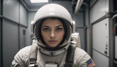 1girl,solo,looking at viewer,short hair,brown hair,black hair,brown eyes,closed mouth,upper body,indoors,dark skin,blurry,dark-skinned female,lips,depth of field,blurry background,helmet,portrait,science fiction,realistic,american flag,spacesuit,japanese flag,space helmet,astronaut,expressionless,close-up,reflection,serious,nose,flag