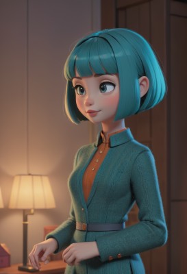 1girl,solo,breasts,blush,smile,short hair,bangs,blue eyes,shirt,long sleeves,dress,closed mouth,blue hair,standing,jacket,upper body,cowboy shot,small breasts,shiny,collared shirt,belt,artist name,indoors,signature,blunt bangs,blurry,aqua eyes,lips,fingernails,aqua hair,makeup,buttons,depth of field,blurry background,bob cut,green jacket,nose,lamp,bedroom,desk lamp,eyelashes