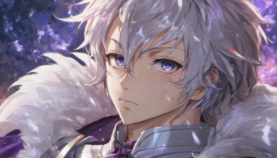 solo,looking at viewer,bangs,blue eyes,1boy,hair between eyes,closed mouth,purple eyes,white hair,grey hair,male focus,cape,armor,fur trim,petals,portrait,close-up,fur collar,short hair