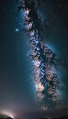 outdoors,sky,cloud,star (symbol),blurry,tree,no humans,night,star (sky),nature,night sky,scenery,starry sky,mountain,landscape,aurora,galaxy,milky way,glowing,fire