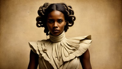 HQ,1girl,solo,looking at viewer,black hair,dress,brown eyes,jewelry,upper body,earrings,sleeveless,dark skin,black eyes,dark-skinned female,lips,brown background,curly hair,realistic,nose,sepia,very dark skin,dreadlocks,short hair,brown hair,closed mouth,white dress,forehead,serious