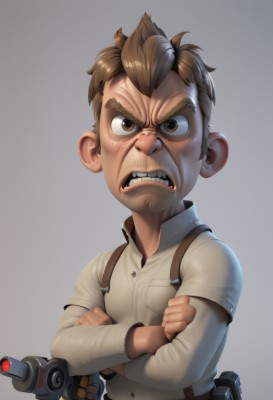 solo,looking at viewer,simple background,brown hair,shirt,long sleeves,1boy,brown eyes,white shirt,upper body,weapon,male focus,teeth,collared shirt,belt,grey background,gun,crossed arms,thick eyebrows,suspenders,clenched teeth,child,angry,pocket,male child,frown,science fiction,realistic,animification