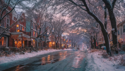 outdoors, sky, tree, no humans, ground vehicle, building, scenery, motor vehicle, snow, car, road, winter, lamppost, bare tree, street