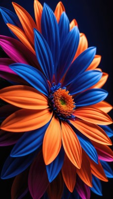 simple background,flower,no humans,leaf,blue background,black background,blue flower,purple flower,orange flower,still life,signature,plant,bouquet