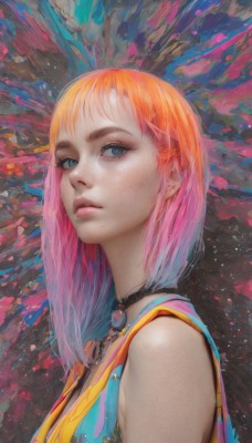 1girl,solo,breasts,looking at viewer,short hair,bangs,blue eyes,hair ornament,bare shoulders,jewelry,closed mouth,upper body,pink hair,multicolored hair,parted lips,sleeveless,choker,medium hair,orange hair,from side,two-tone hair,lips,looking to the side,grey eyes,eyelashes,gradient hair,makeup,black choker,gem,multicolored clothes,eyeshadow,freckles,pink lips,realistic,nose,colorful,mascara,long hair,necklace,aqua eyes,multicolored background