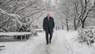 solo,short hair,shirt,gloves,long sleeves,1boy,standing,jacket,full body,white shirt,male focus,outdoors,necktie,shoes,black gloves,collared shirt,pants,tree,black jacket,brown footwear,black pants,formal,suit,scenery,snow,walking,wide shot,winter,bare tree,black suit,white hair,coat,nature,forest,hands in pockets,footprints