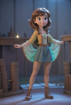 1girl,solo,long hair,blush,smile,skirt,brown hair,shirt,brown eyes,jewelry,standing,jacket,full body,pleated skirt,hairband,boots,shoes,belt,indoors,necklace,blurry,lips,blue skirt,see-through,blurry background,brown footwear,suspenders,black eyes,high heels,outstretched arms,yellow shirt